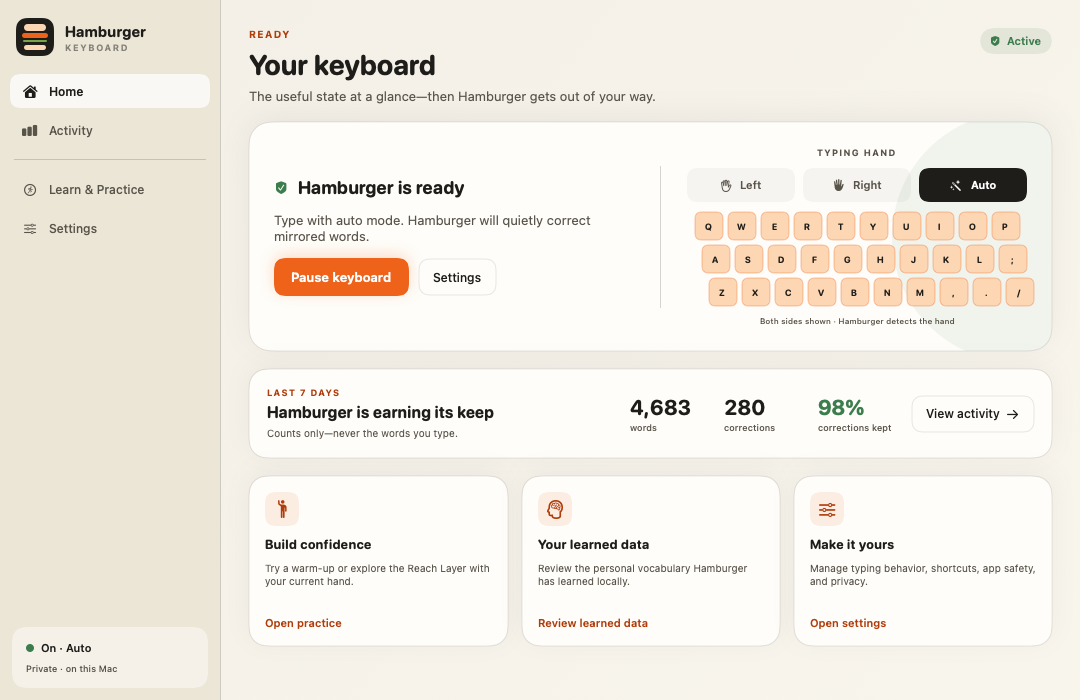 Hamburger Keyboard Home showing active status, typing hand selection, recent activity, practice, learned data, and settings