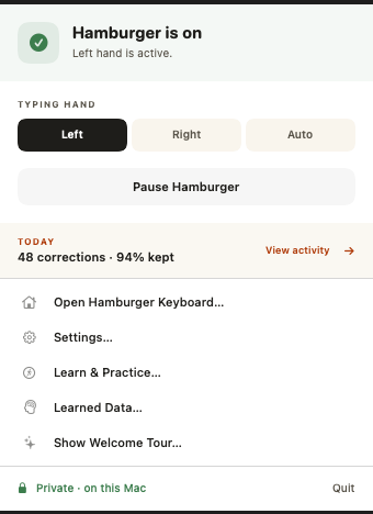 Hamburger Keyboard menu bar control showing active status and hand selection